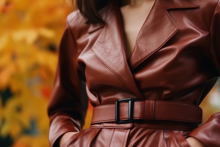 A person wearing a brown belted leather trench coat, expertly fitted thanks to Alterations and tailoring Manlius, stands outdoors with blurred yellow autumn leaves in the background.