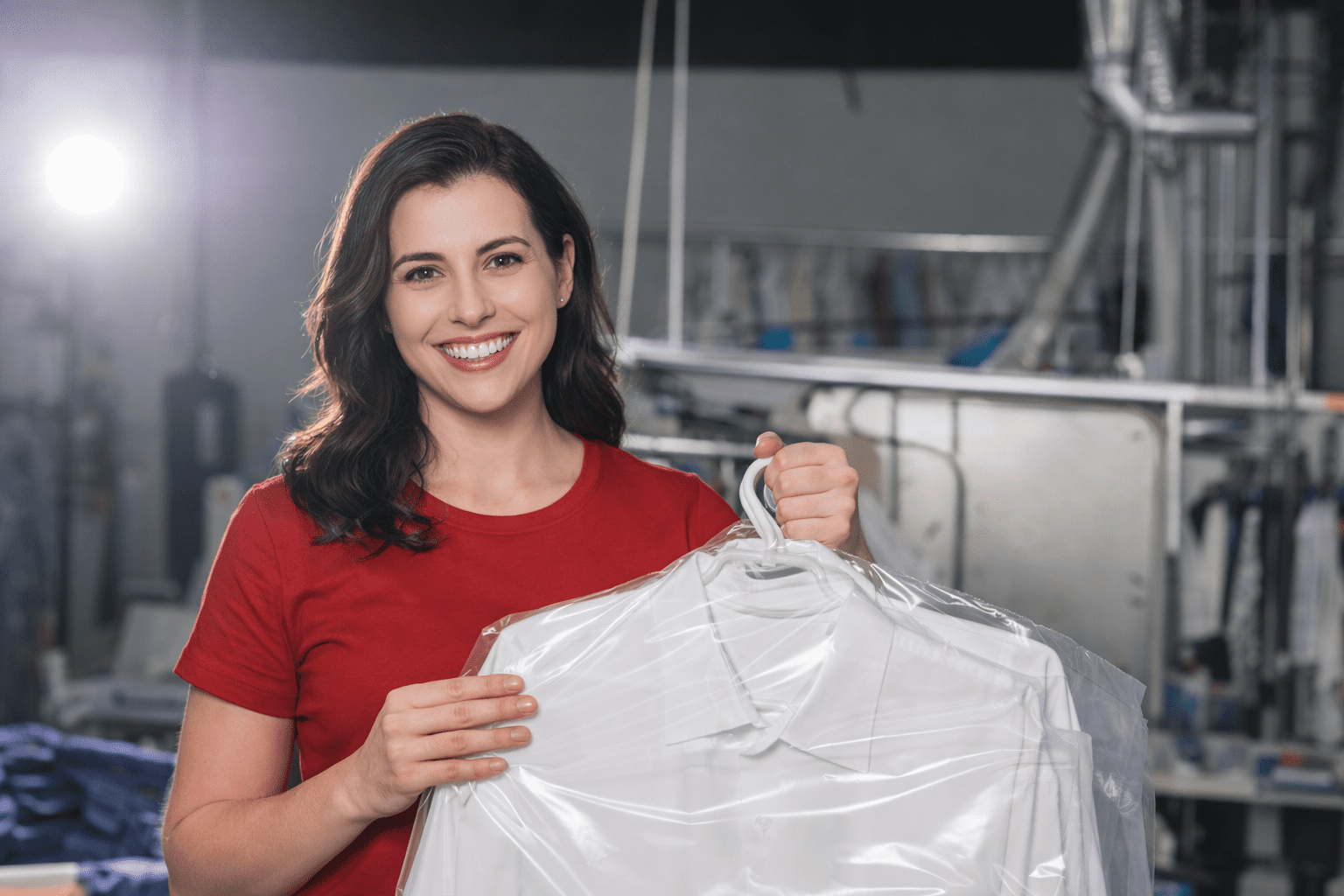 Woman wearing a red shirt smiles while holding a freshly cleaned white dress shirt covered in plastic at a dry cleaning facility.