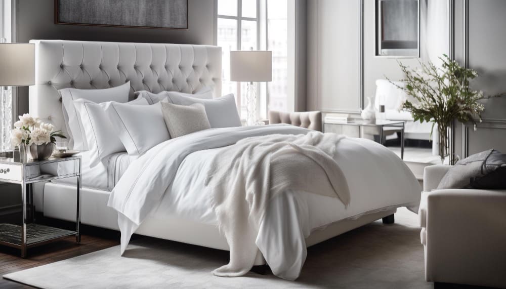 A modern bedroom with a large, tufted white bed, white bedding, bedside tables with lamps, and neutral décor in soft natural light.