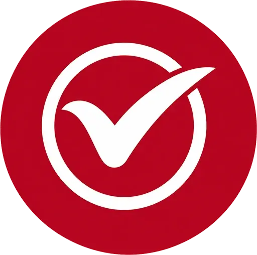 A white check mark inside a circle on a red background.
