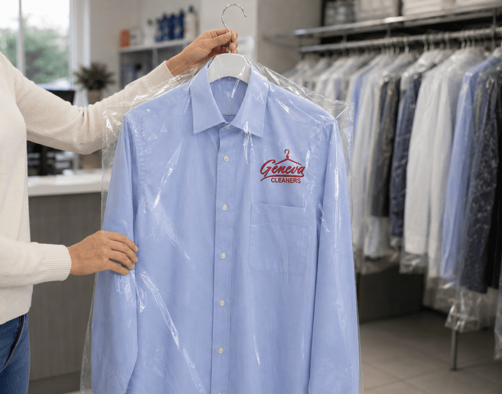 Person holding a freshly cleaned light blue shirt in a plastic garment bag at a dry cleaners; the shirt has a "Geneva Cleaners" logo on the chest.