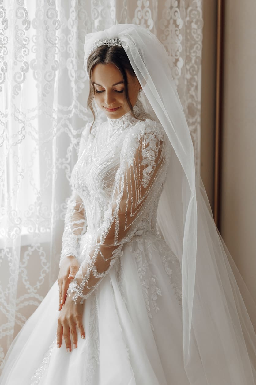 A bride in a long-sleeved, lace wedding dress stands by a window with sheer curtains, looking down and smiling softly.