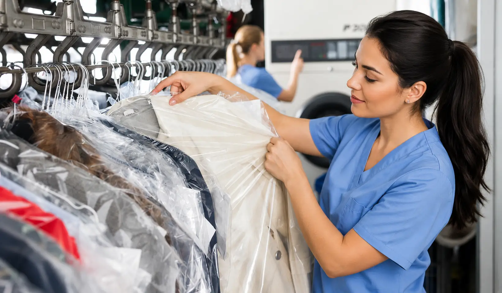 A woman in scrubs sorts freshly cleaned clothes covered in plastic at a dry cleaning facility.